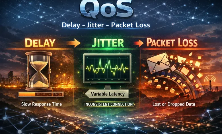 بررسی جامع مفاهیم کیفیت خدمات (QoS) در شبکه‌های کامپیوتری: تأخیر (Delay)، جیتر (Jitter) و از دست رفتن بسته (Packet Loss)