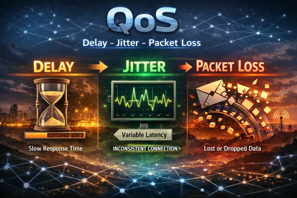 بررسی جامع مفاهیم کیفیت خدمات (QoS) در شبکههای کامپیوتری: تأخیر (Delay)، جیتر (Jitter) و از دست رفتن بسته (Packet Loss)